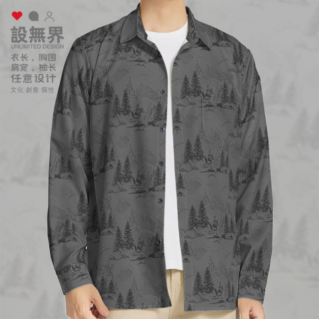 Western denim illustration plant forest forest series large size long-sleeved shirt men's and women's European and American style design

