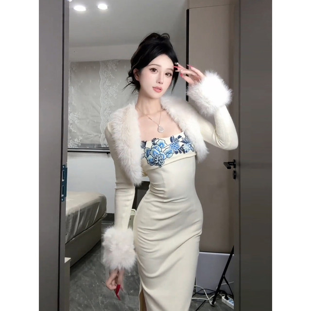 XZY Slightly fat new Chinese style one-shoulder slim slit cheongsam hip skirt for women 25 years winter furry shawl coat