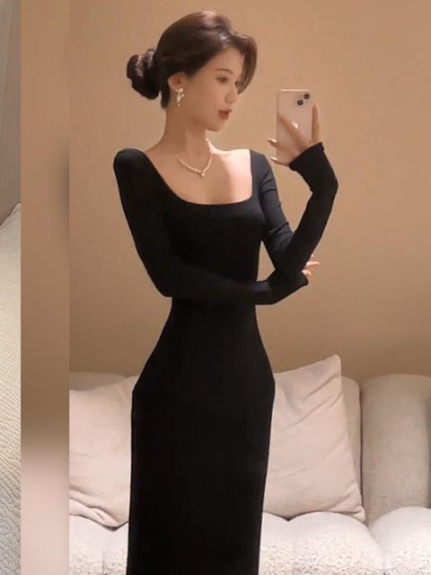 The lady's temperament is slim square collar and step-by-step lotus black long-sleeved dress for women with large size sexy knitted fishtail long skirt