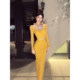XZY Slightly fat lady slim V-neck yellow lace dress for women 25 years winter backless bow hip skirt