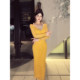 XZY Slightly fat lady slim V-neck yellow lace dress for women 25 years winter backless bow hip skirt