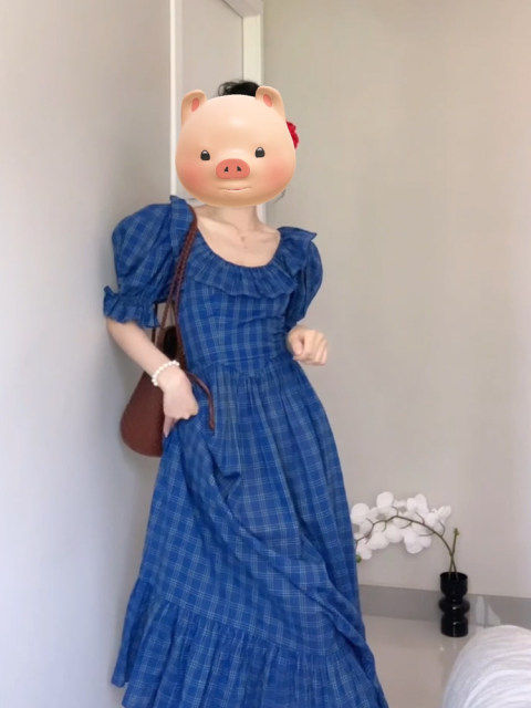 XZY/Xin Zhengyan Fat mm French temperament blue plaid ruffled dress for women summer slim princess long skirt