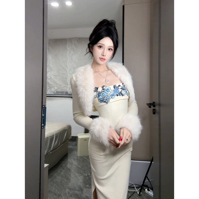 XZY Slightly fat new Chinese style one-shoulder slim slit cheongsam hip skirt for women 25 years winter furry shawl coat