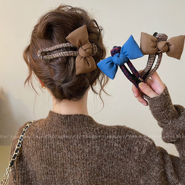Korean style bow plaid one-word duckbill hairpin 2025 new style female high-end hair accessories for large hair on the back of the head