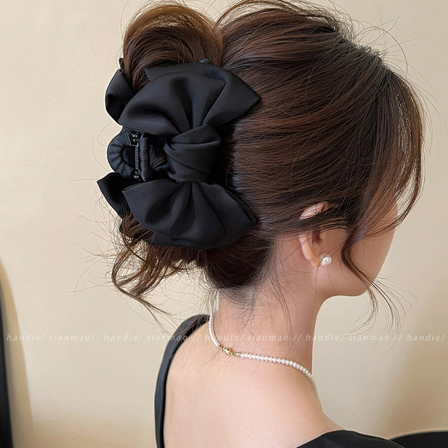 Temperament and high-end large satin bow hairpin for women with large hair volume, hairpins on the back of the head, shark clip headgear