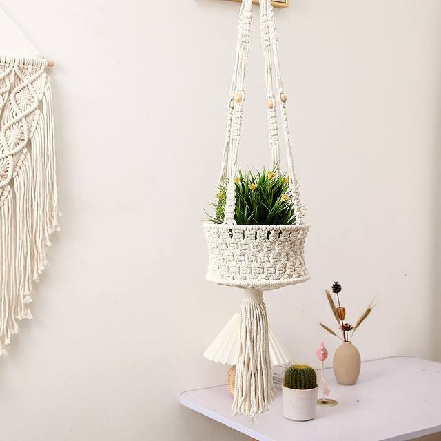 ins Nordic cotton rope woven flower basket potted green plant fruit hanging basket home gardening decoration mesh bag aerial pendant