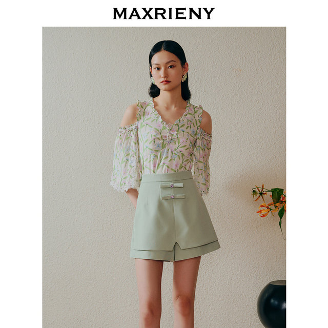 MAXRIENY European style gardening style off-shoulder flared sleeve chiffon shirt pastoral style printed top
