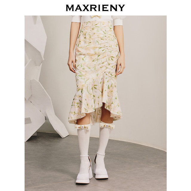 MAXRIENY light yellow pleated printed fishtail skirt European style pastoral garden style skirt
