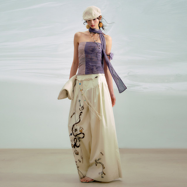 OfAkiva'All Things to Do's Full Cotton Fish Bone High Waist Pleated Printed Wide Legs