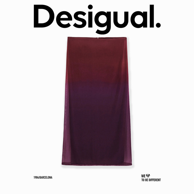 Desigual25 spring and summer new gradient printed mesh with lining long dark red women's skirt
