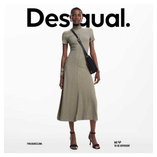 Desigual Slim Fit Stretch Paneled Outseam Half Turtle Neck Short Sleeve Women's Dress