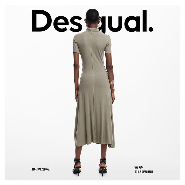 Desigual Slim Fit Stretch Paneled Outseam Half Turtle Neck Short Sleeve Women's Dress