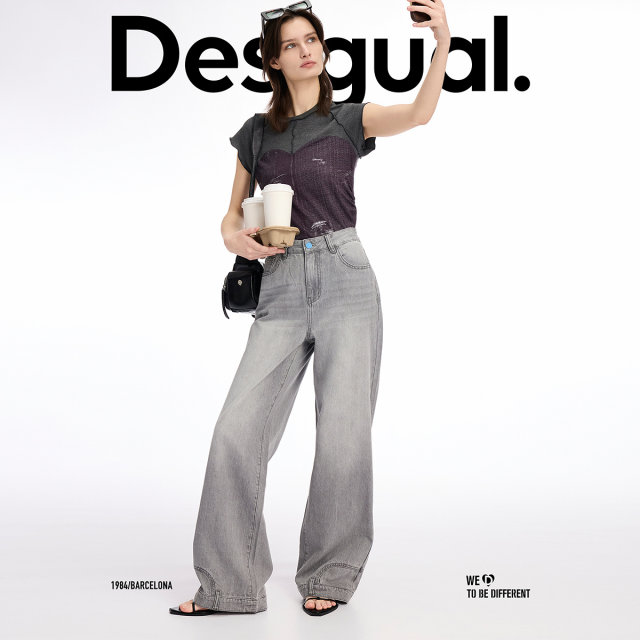 Desigual25 spring and summer new loose straight back pocket floral embroidered light grey trousers women's jeans
