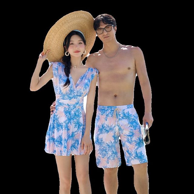 
Couple swimsuit one-piece skirt women's boxer with steel support chest pad slightly fat mmQ suit beach pants men's style