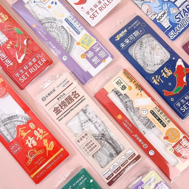 New transparent student ruler set creative cartoon elementary school student ruler triangle plate protractor four-piece set