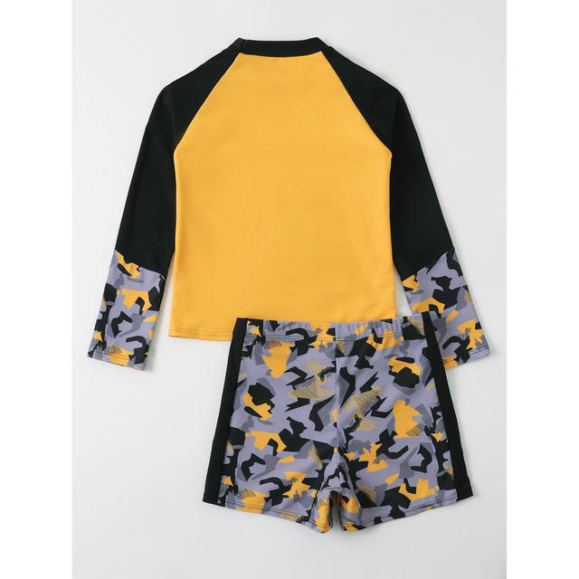 The new European and American simple Bikini long -sleeved flat -sleeved flat trousers printed boy bikini swimwear bikini