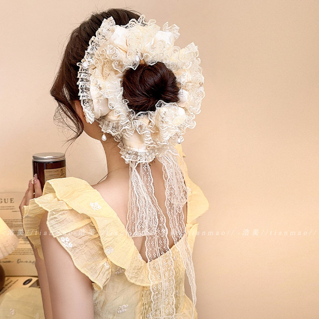 French lace pearl large intestine hair circle women buns streamers hair rope high-end head flower tie hair hair beauty hair accessories