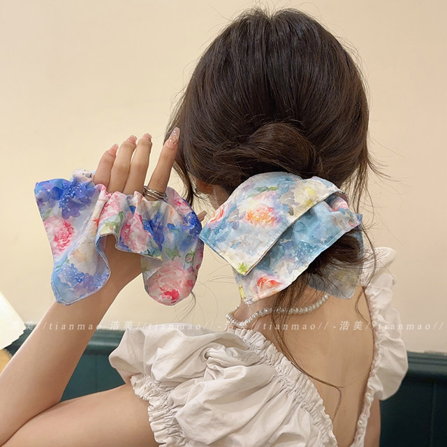 Oil painting style fabric square scarf hair circle women lazy style 2025 new hair rope low ponytail head rope rubber band Korean hair accessories