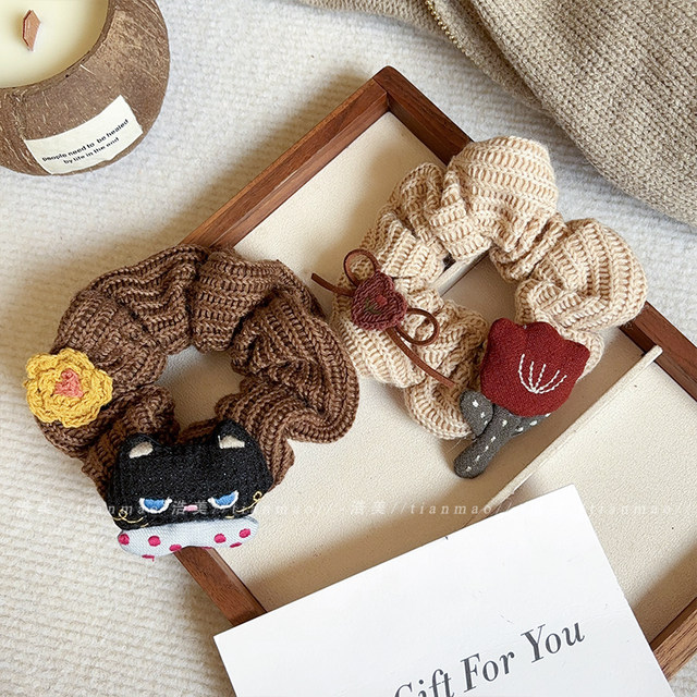 Cute cartoon knitted large intestine hair ring lazy style ponytail bun head high elastic rubber band sweet temperament hair rope
