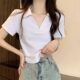 Green polo short-sleeved T-shirt for women 2023 summer Korean version slim V-neck solid color base arc hem collar pure cotton top