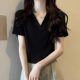 Green polo short-sleeved T-shirt for women 2023 summer Korean version slim V-neck solid color base arc hem collar pure cotton top