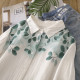 Literary and fresh vacation style cartoon leaves double-layer cotton yarn loose shoulder white shirt women's long-sleeved base shirt