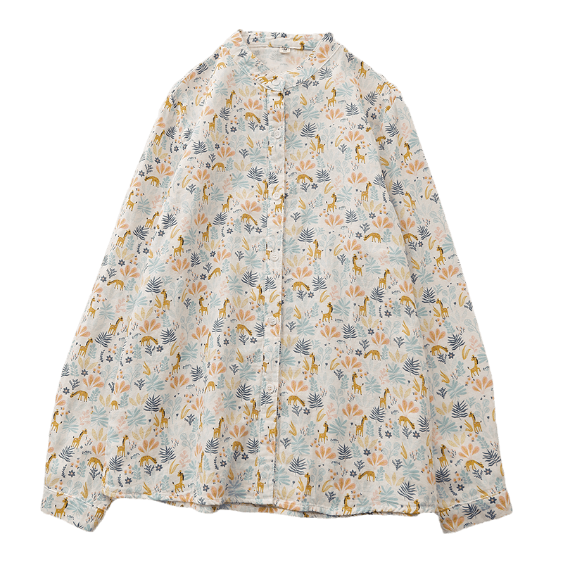 Japanese small fresh floral shirt female standing temperament of temperament cotton loose versatile long -sleeved long -sleeved printed jacket shirt