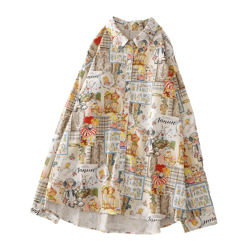 Spring new Korean style painted children's fun cartoon print loose slim long sleeve shirt female student mid-length top
