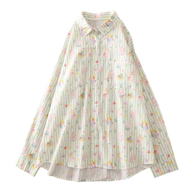 Sweet little fresh green striped cartoon kitten printed long-sleeved shirt for women in autumn new loose casual top