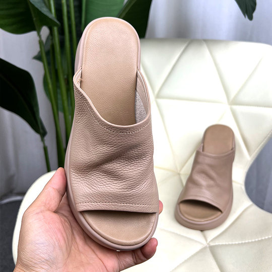 2024 Summer New Fish Mouth Sandals Women's First Layer Cowhide Soft Sole Thick Heel Thick Sole Shoes Slippers Fashionable Outerwear Slippers
