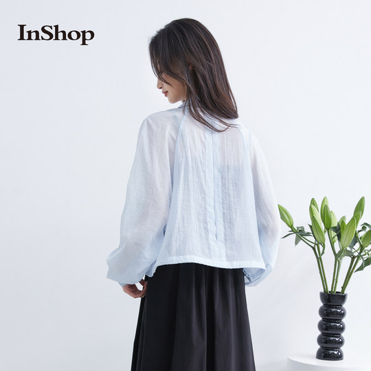 
INSHOP new adjustable drawstring hem shirt jacket women's loose lapel sun protection shirt