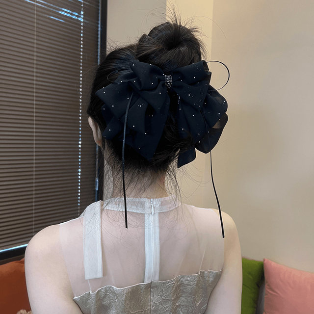 
Satin mesh crushed diamond streamer bow scratch clip women's fashionable back head hair clip high-end temperament hair accessories