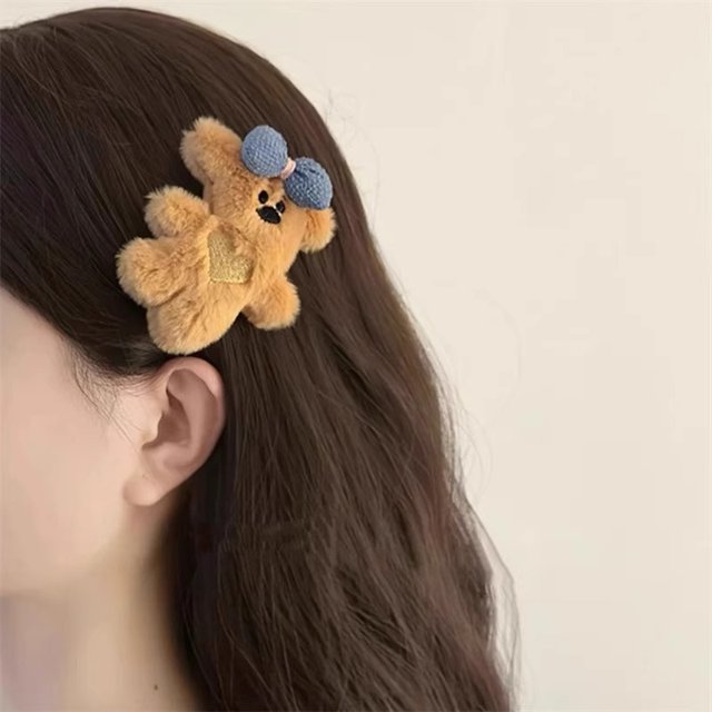 
Plush bear Korean style cute bow hairpin 2025 autumn and winter new style bangs broken hair duckbill clip bb clip headwear