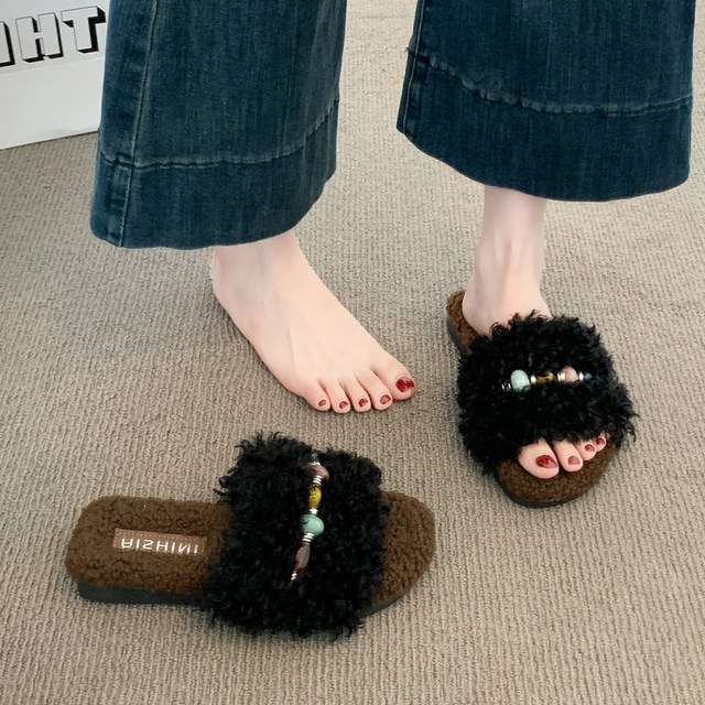 Women's furry slippers wear 2025 autumn and winter new style flat-skinned home furry lazy one-line cotton slippers