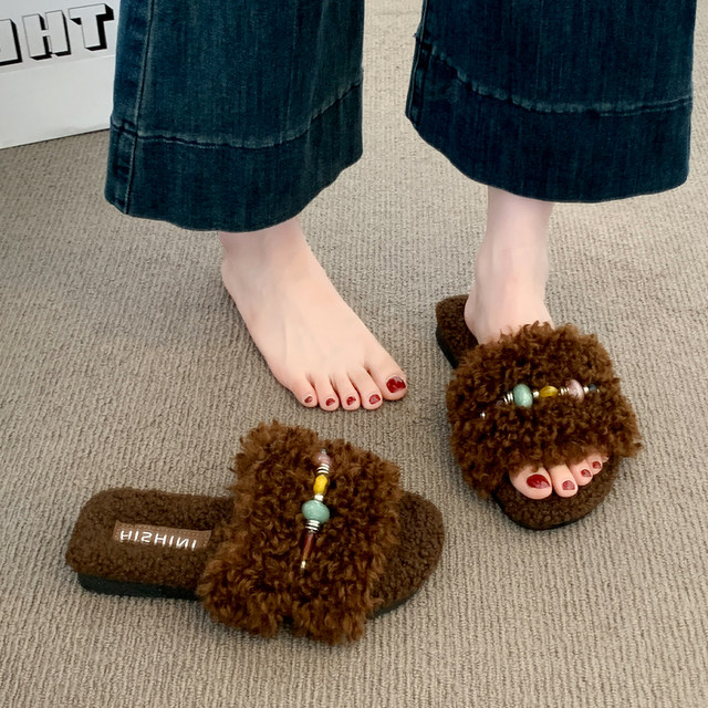 Women's furry slippers wear 2025 autumn and winter new style flat-skinned home furry lazy one-line cotton slippers