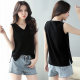 Loose sleeveless T-shirt for women black v-neck top versatile slim white short-sleeved T-shirt with slit hem vest outside