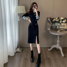 New Chinese style national wind cheong dress woman autumn and winter high-end exquisite crowd senior sentimental fork black skirt