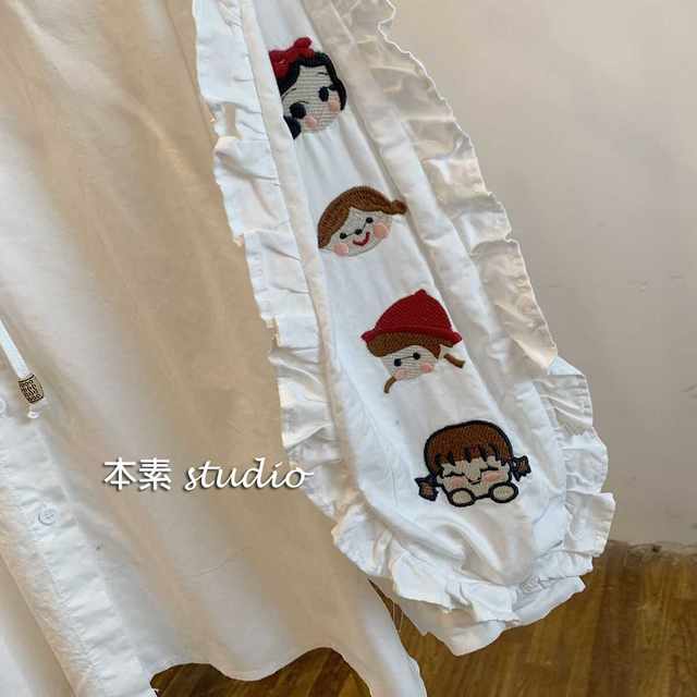 Little Doll-Standling C1150 Black Full Caps Cartoon Embroidered Long-sleeved Shirt