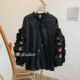 Little Doll-Standling C1150 Black Full Caps Cartoon Embroidered Long-sleeved Shirt