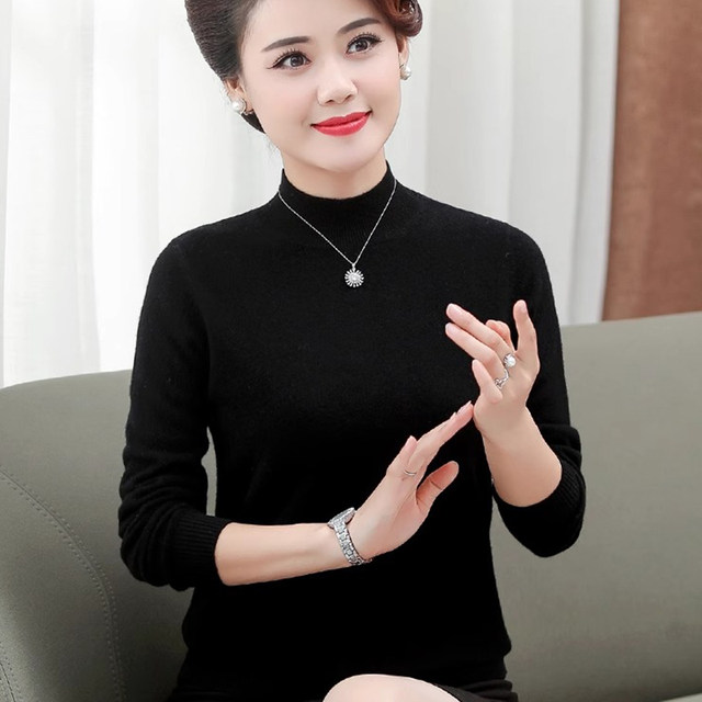 Mother's clothing 100% pure woolen sweater for middle-aged and elderly women, autumn and winter plus size half turtleneck bottoming sweater