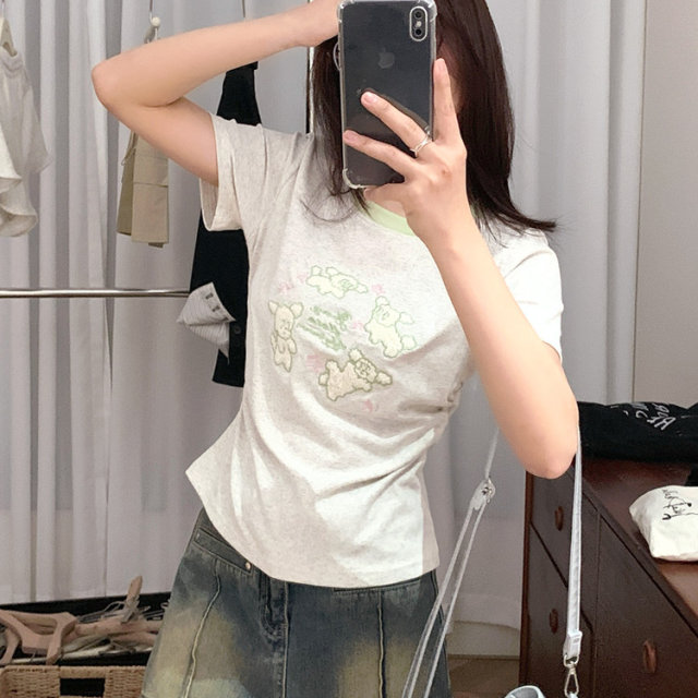 Cute cartoon puppy flocking embroidered short sleeves for women with small fresh green round neck shoulder T-shirt waist-hugging short top