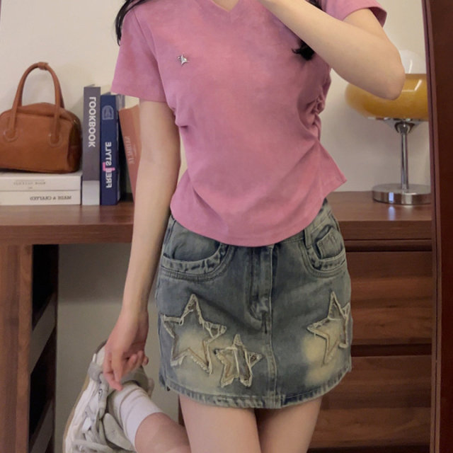 Star pin tie-dye v-neck purple short-sleeved T-shirt for women 2025 new sweet and cool style small slim short top
