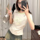 Cute cartoon puppy flocking embroidered short sleeves for women with small fresh green round neck shoulder T-shirt waist-hugging short top