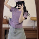 Star pin tie-dye v-neck purple short-sleeved T-shirt for women 2025 new sweet and cool style small slim short top