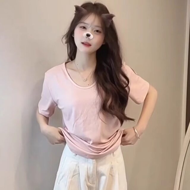 Pink V-neck Loose Front Shoulder Short Sleeve T-shirt for Women in Summer 2025 New Lazy Casual Cotton Half Sleeve T-shirt Top