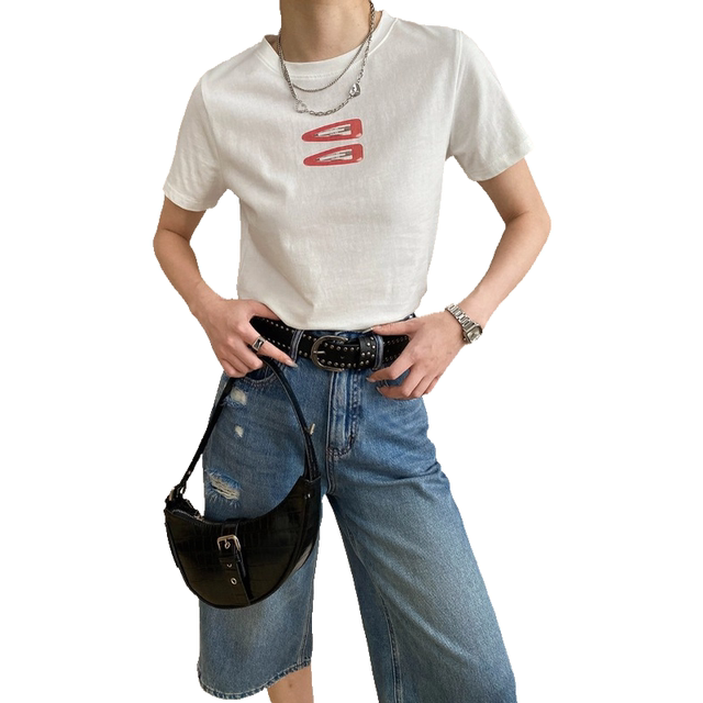 
Sinan Niche Design Sense American Fun Red Haircard Printed Round Neck Slim Short Sleeve T-shirt SN7377