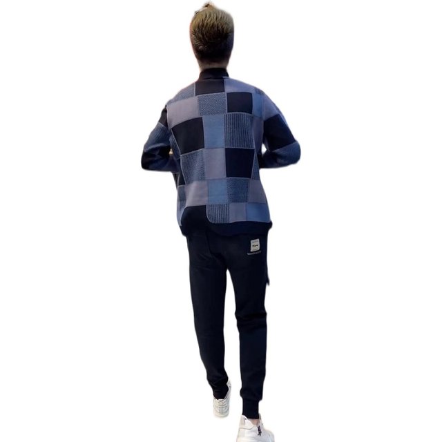 19008 spring and autumn new men's lattice contrasting color foreign long -sleeved long -sleeved knitted cardigan trendy jacket elasticity