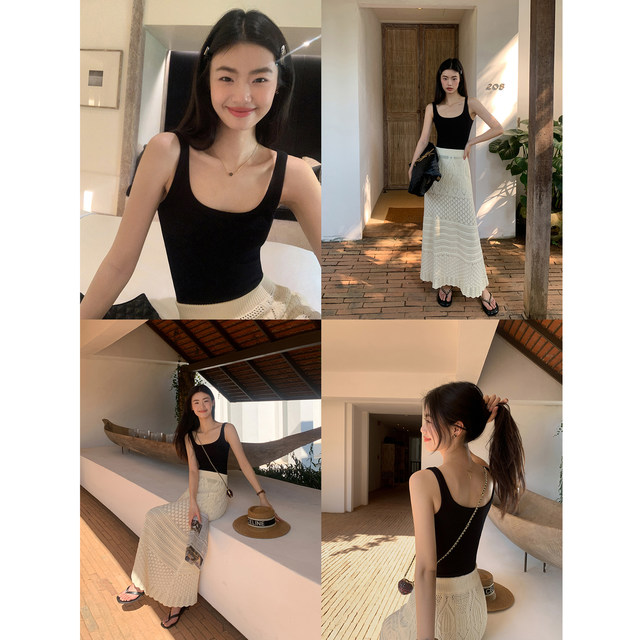 Pusumede black suspender vest for women in summer basic stretch slim short knitted outer wear versatile top