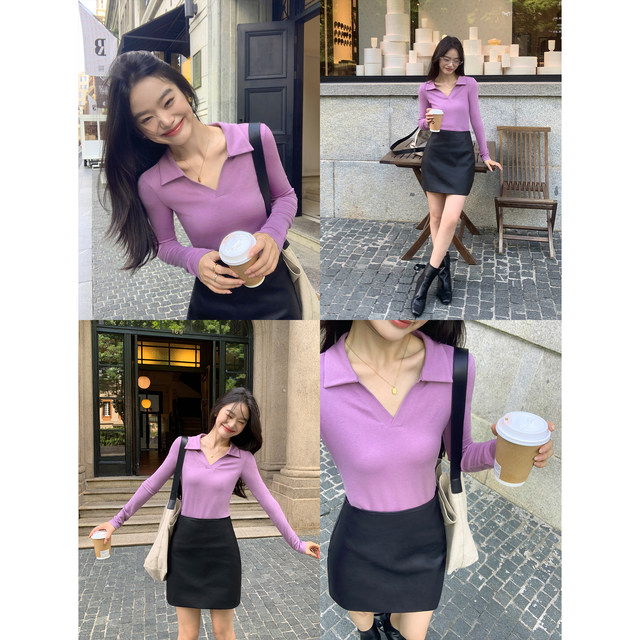 pusumede black v-neck polo sweater for women in spring and autumn slim long sleeves inner bottom shirt top