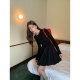 pusumede black round neck spliced ​​knitted dress for women long sleeve French temperament design flower bud short skirt